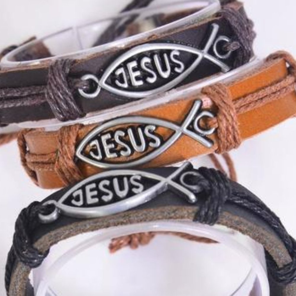 Unisex Jesus Fish Leather Band Bracelet Anklet